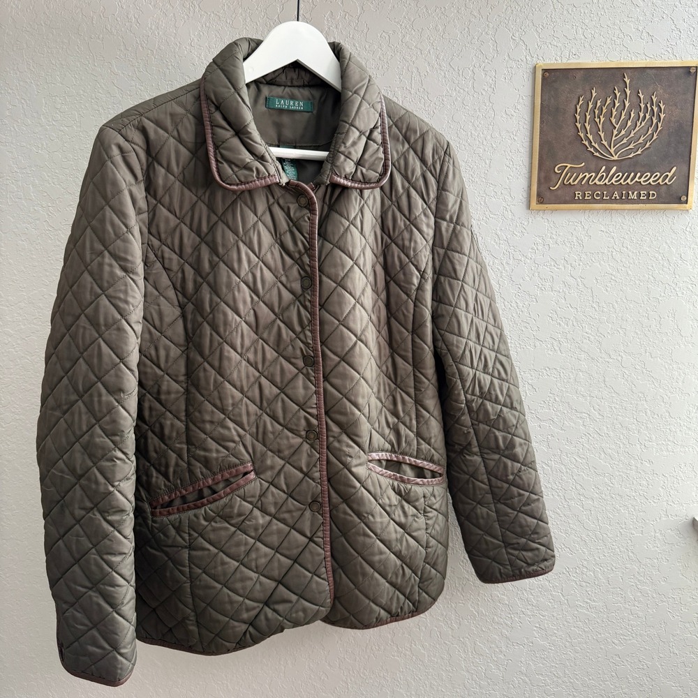 Lauren Ralph Lauren Quilted Olive Green Jacket with Brown Trim